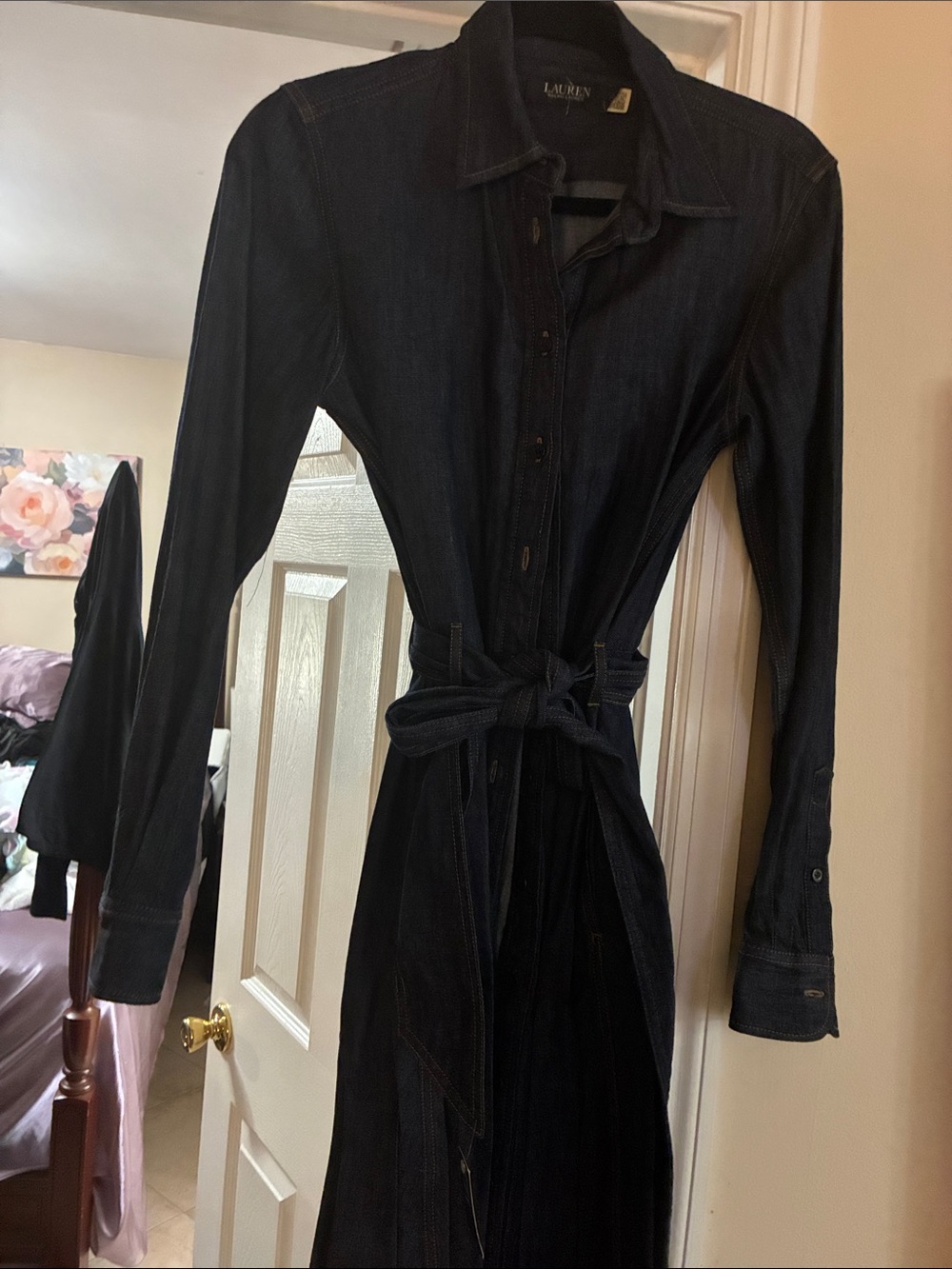 Lauren Ralph Lauren Dark Indigo Denim Long-Sleeve Shirt Dress with Tie